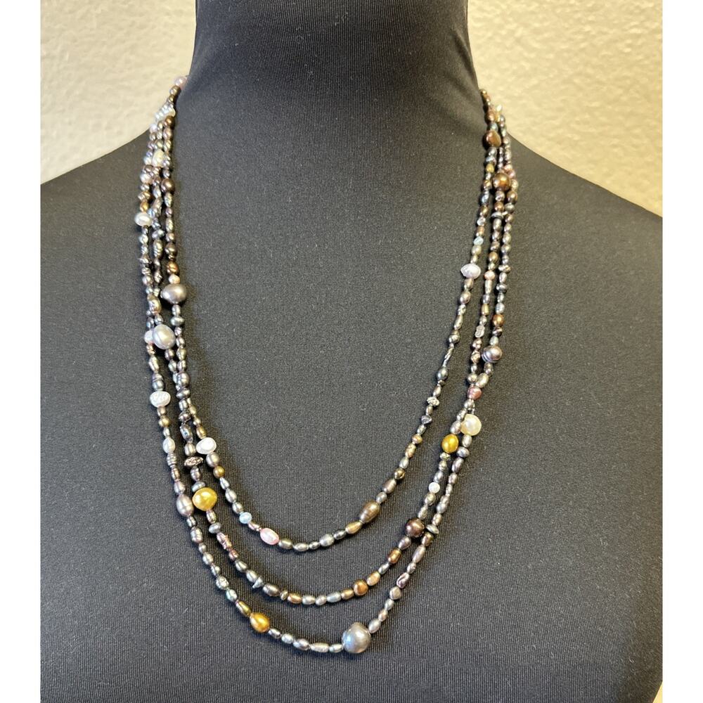 Freshwater Pearl Necklace 70" seed pearls gray white‎ brown no clasp EUC